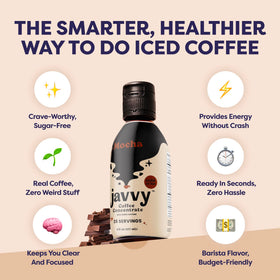 Javvy Mocha bottle label close-up highlights natural ingredients and caffeine content.