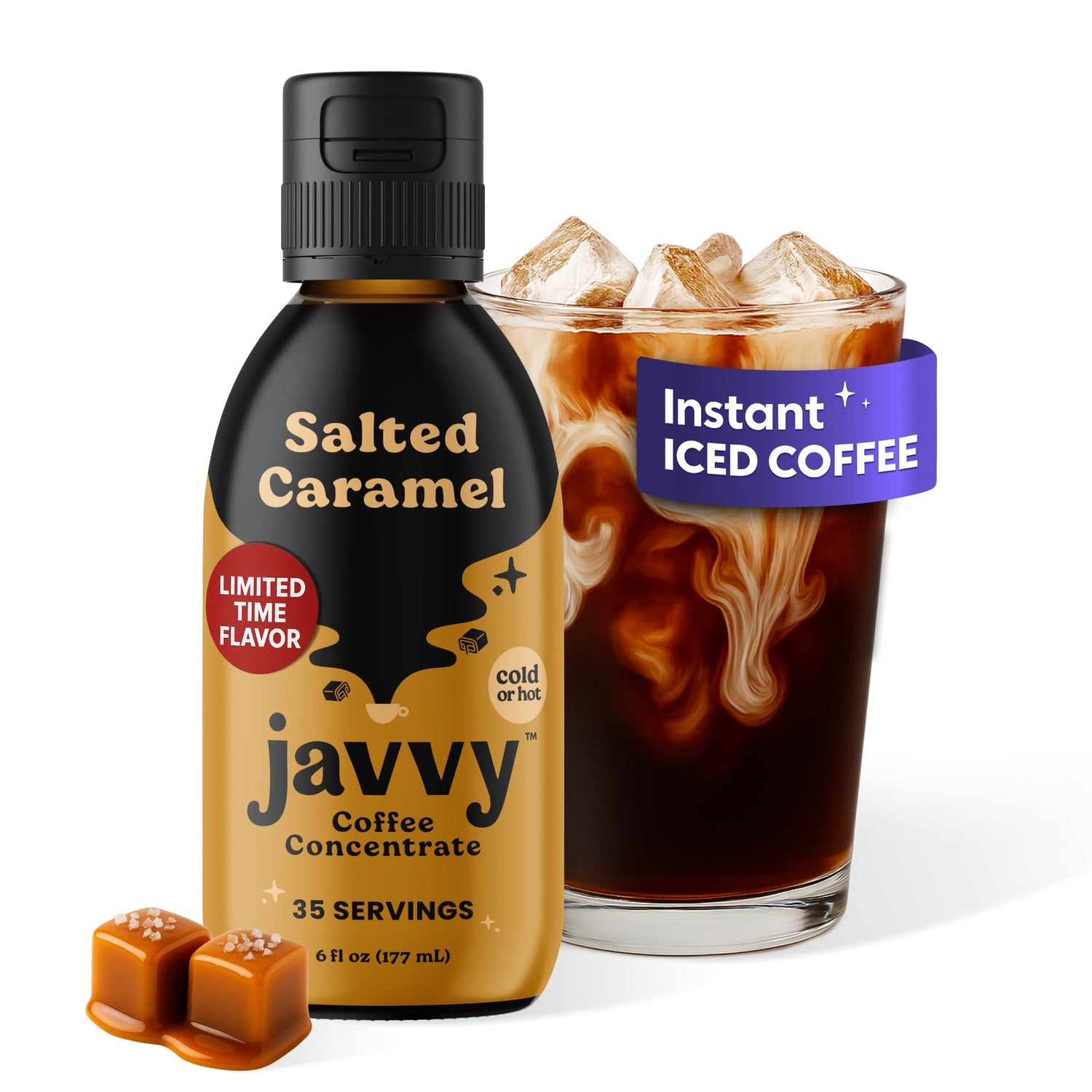 Javvy Salted Caramel Coffee Concentrate bottle showcases premium arabica for smooth hot or iced coffee.