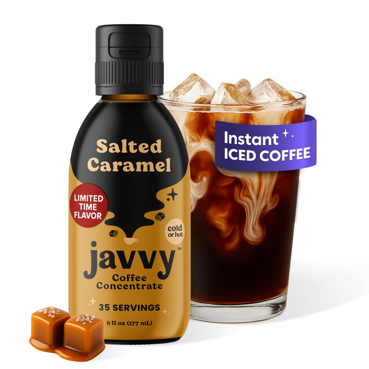 Javvy Salted Caramel Coffee Concentrate bottle showcases premium arabica for smooth hot or iced coffee.