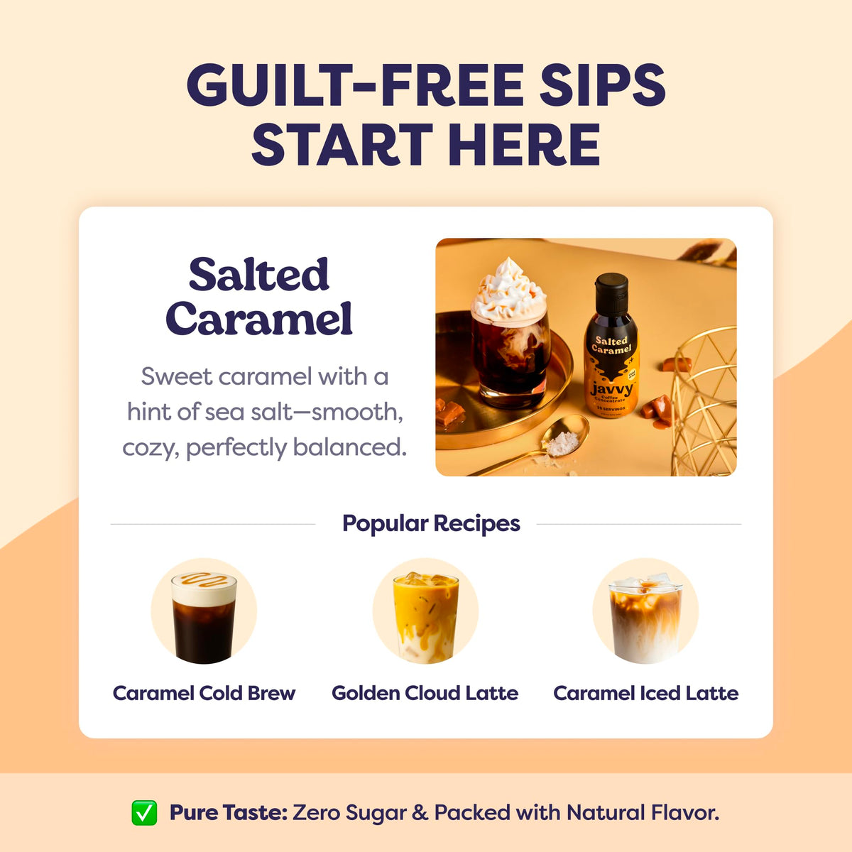 Javvy Salted Caramel glass shows ready-to-serve coffee with a rich aroma.