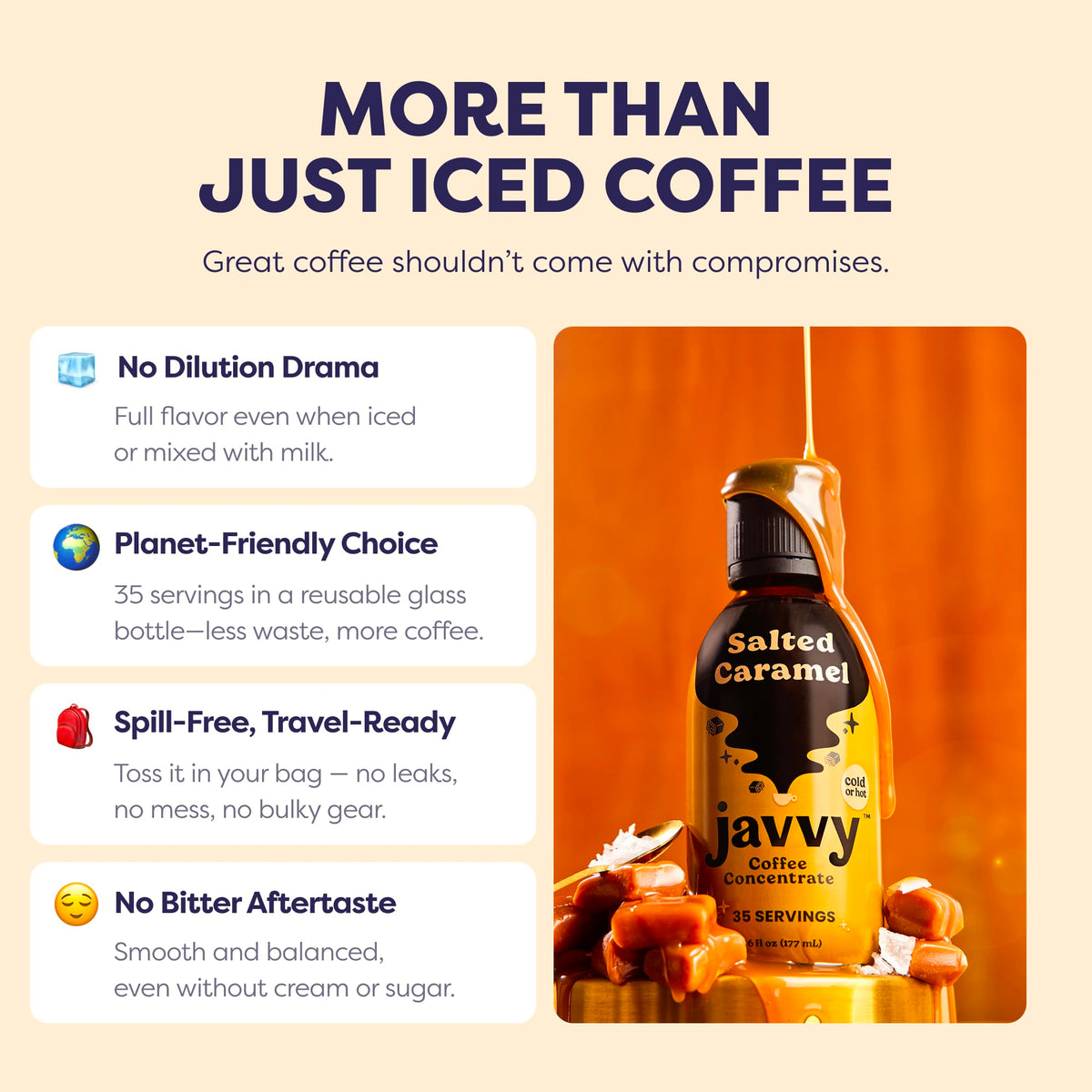 Javvy Salted Caramel hot coffee setup demonstrates smooth, balanced flavor.
