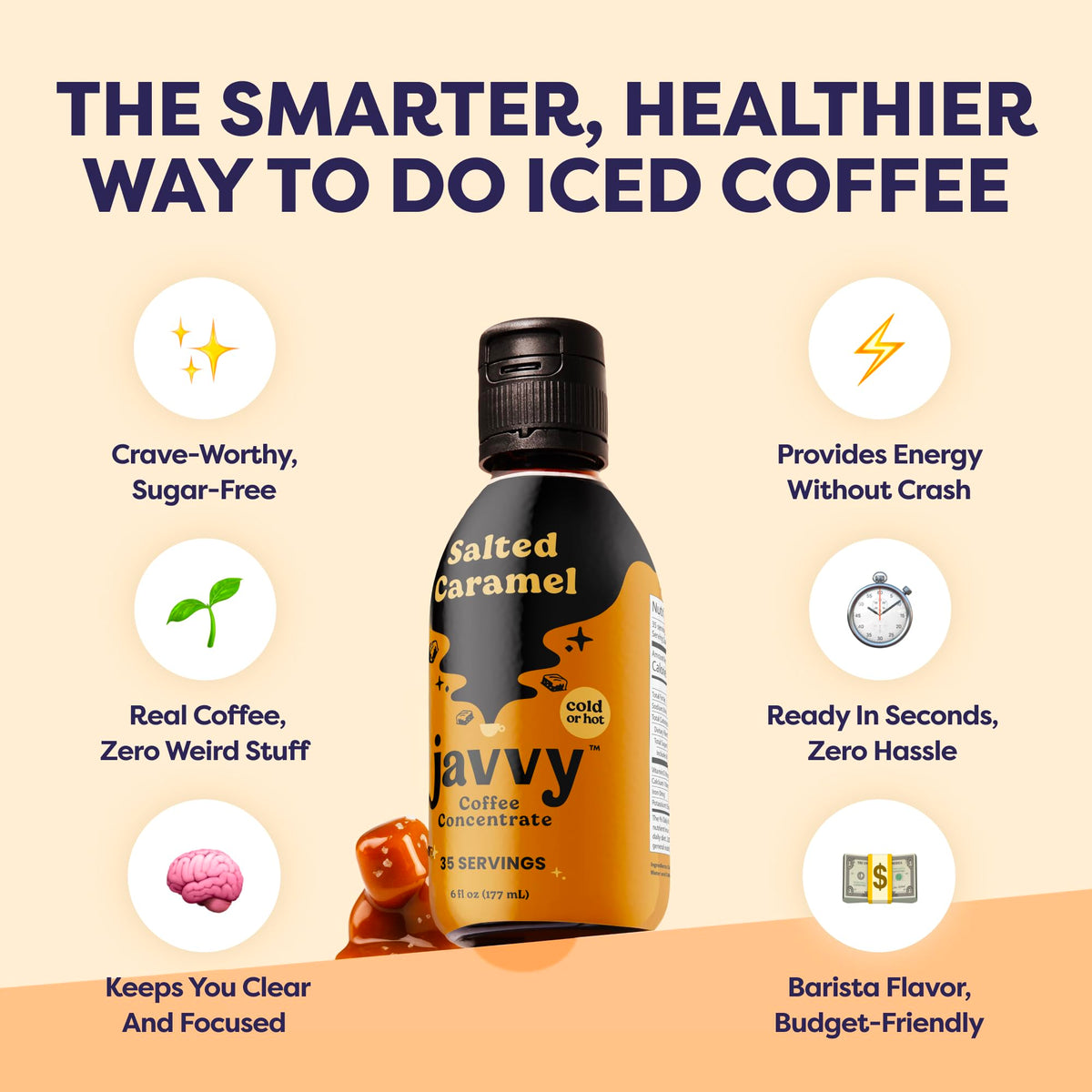 Javvy Salted Caramel concentrate in a glass supports icy cold brew preparation.