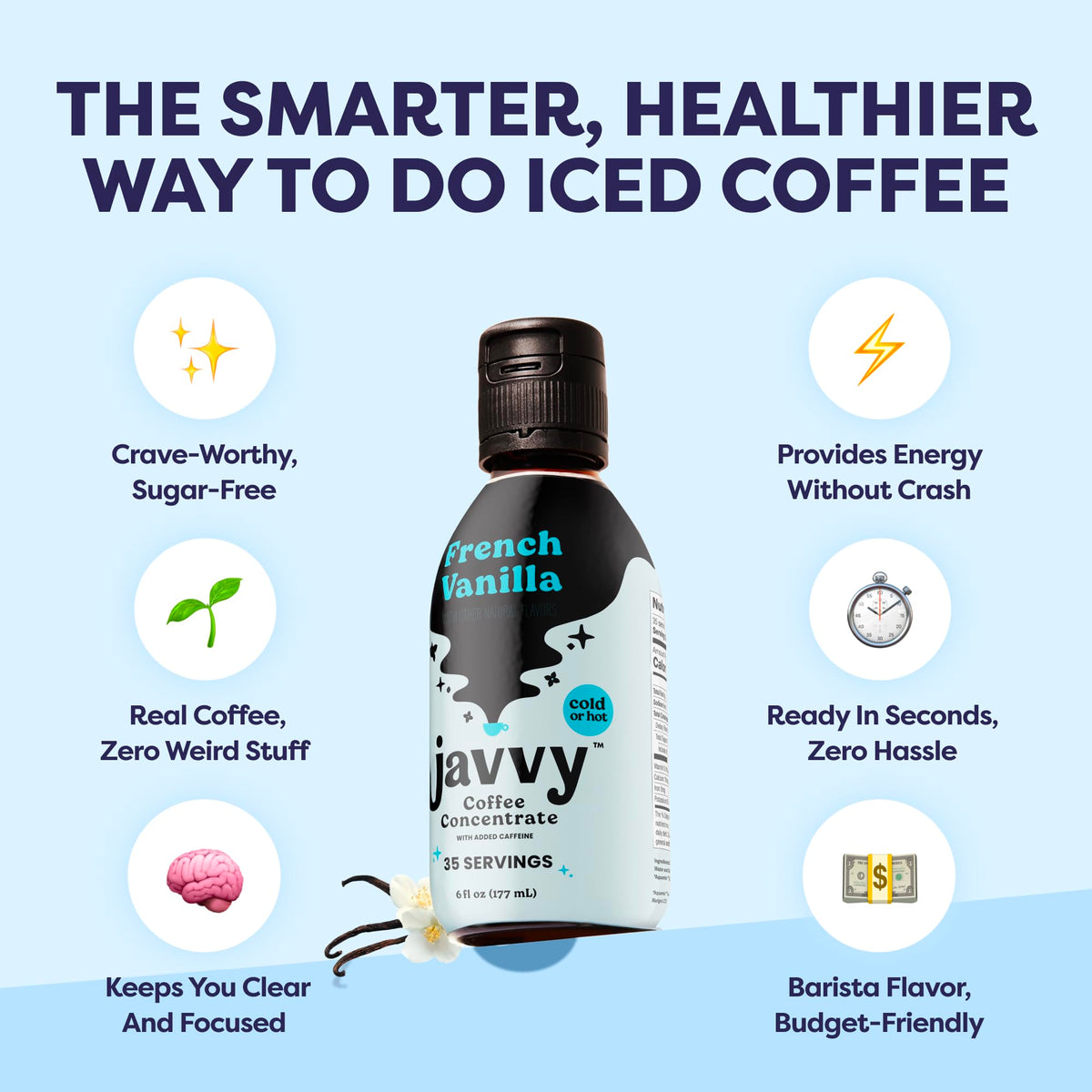 French Vanilla Javvy bottle highlights a sweet, aromatic flavor option.