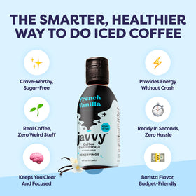 French Vanilla Javvy bottle highlights a sweet, aromatic flavor option.