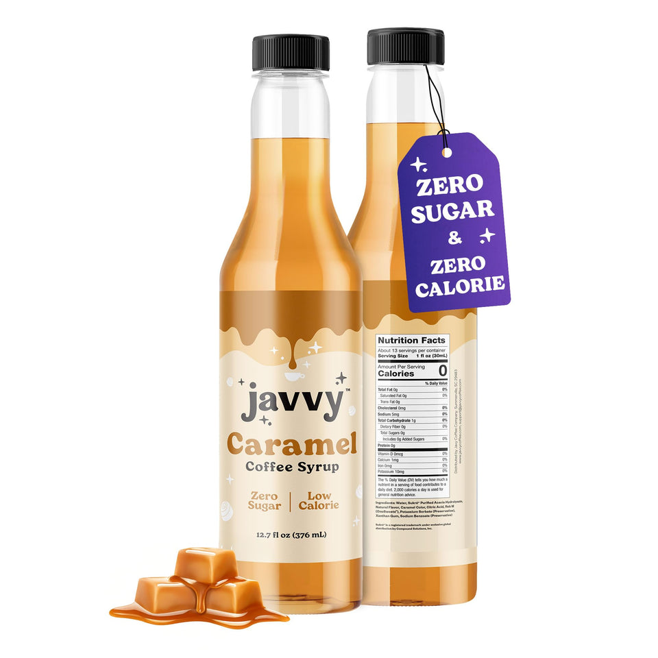 Javvy Caramel coffee syrup bottle front, zero sugar option for flavorful coffees.