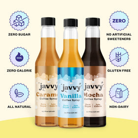 Javvy Coffee Syrup Caramel bottle for rich drizzle in lattes and mochas.