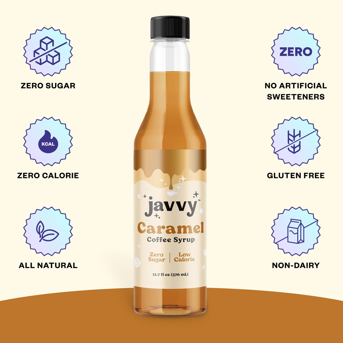 Javvy Caramel syrup in mug, adding a warm caramel note.