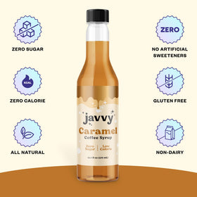 Javvy Caramel syrup in mug, adding a warm caramel note.