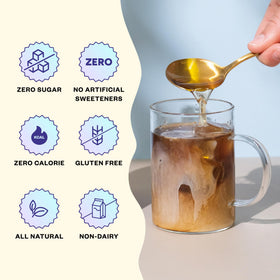Javvy Caramel syrup setup on kitchen counter for barista-style drinks.