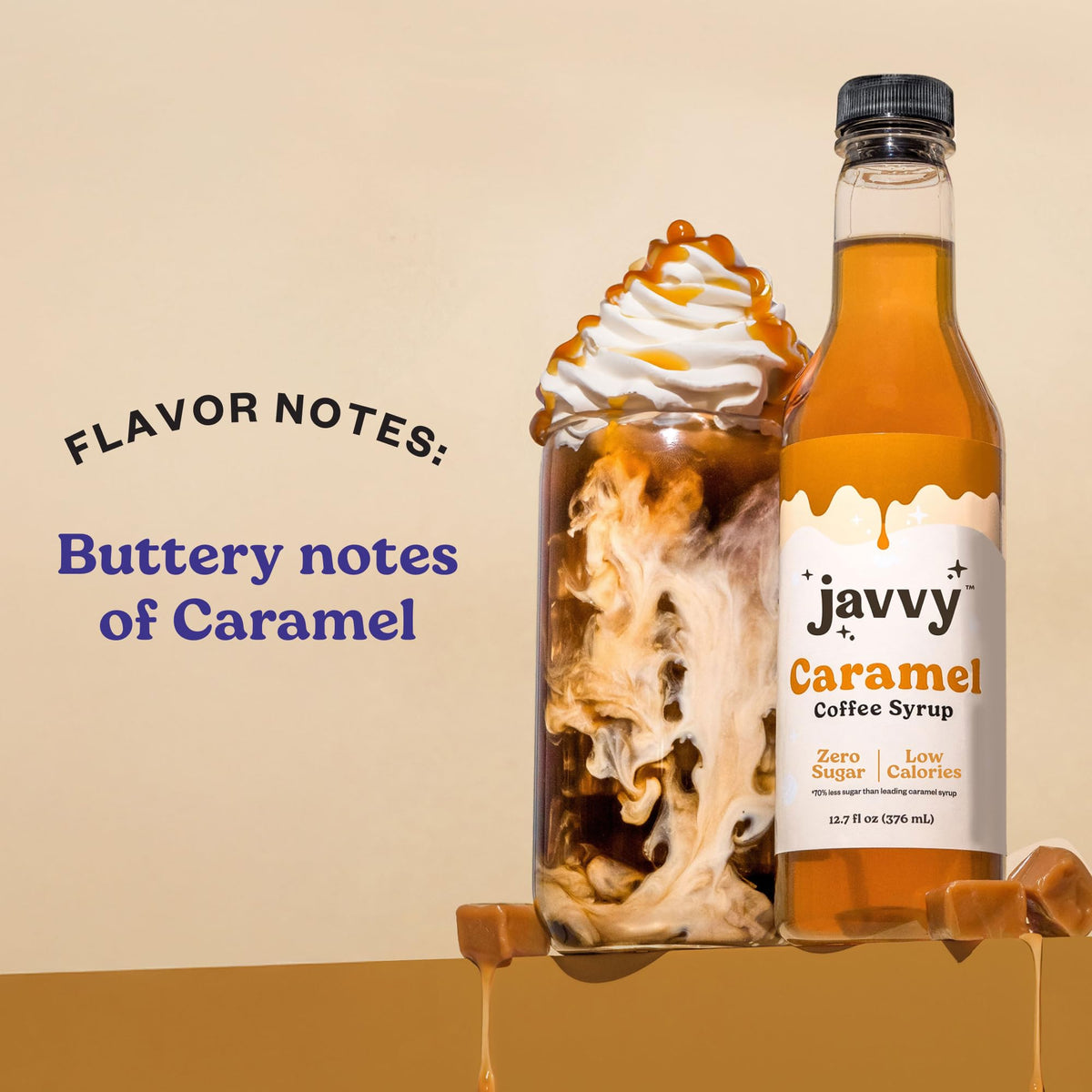 Javvy Caramel syrup pouring over a cup, enhancing flavor without sugar.