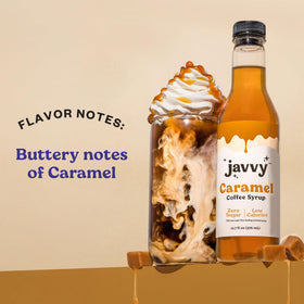 Javvy Caramel syrup pouring over a cup, enhancing flavor without sugar.