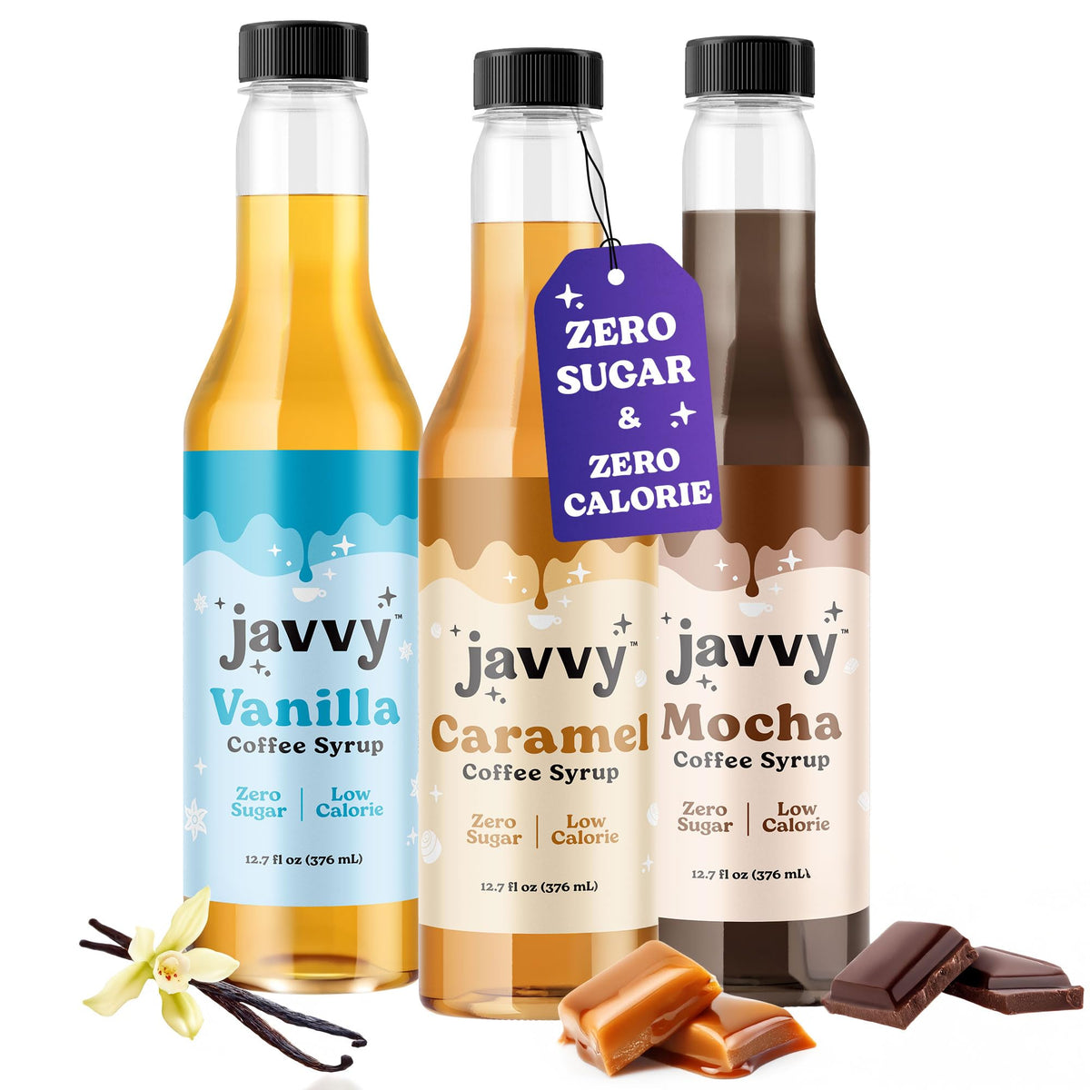 Javvy Coffee Syrup Vanilla bottle highlighting zero sugar flavor boost for coffees.