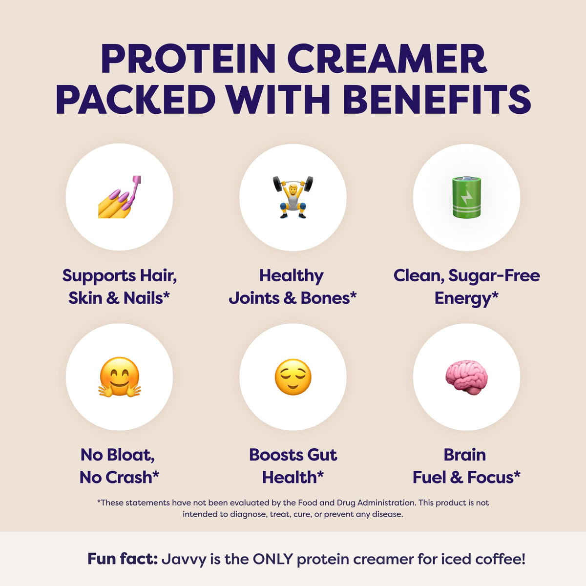 Javvy Collagen Coffee Creamer packaging closeup emphasizing grass-fed collagen and shelf-stable powder