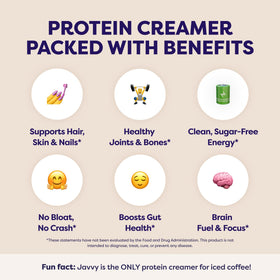 Javvy Collagen Coffee Creamer packaging closeup emphasizing grass-fed collagen and shelf-stable powder