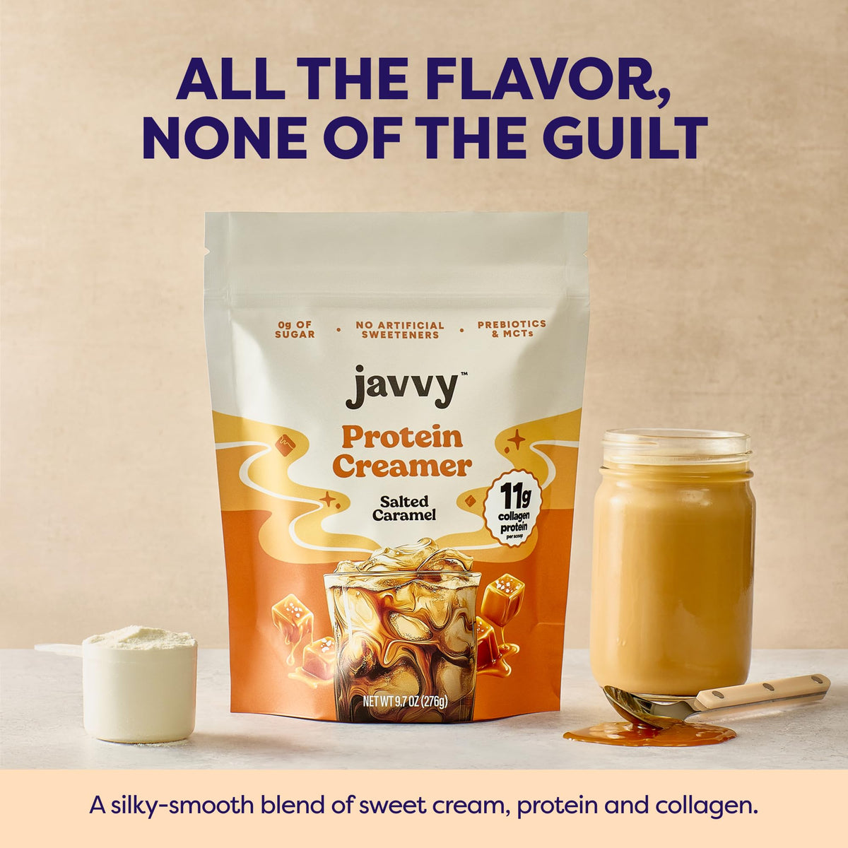 Javvy creamer swirl in coffee showcases rich, smooth, sugar free flavor.