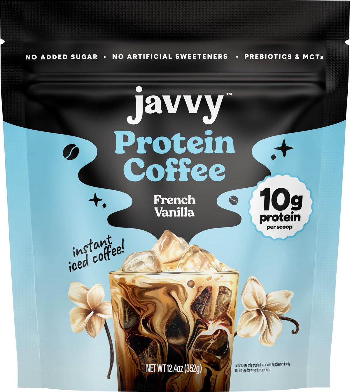 Javvy French Vanilla Protein Iced Coffee jar offers a convenient morning protein boost.