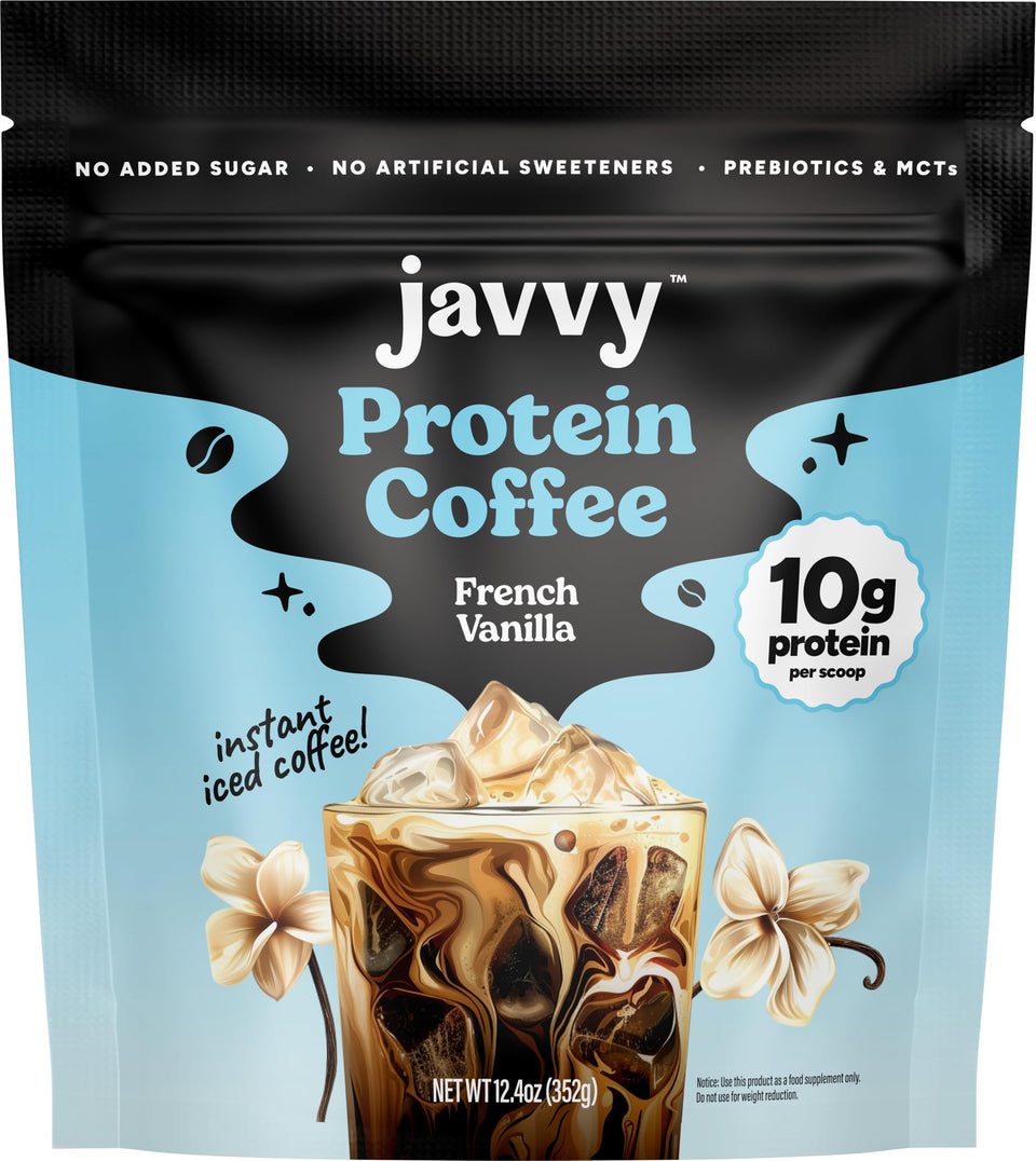 Javvy French Vanilla Protein Iced Coffee jar offers a convenient morning protein boost.