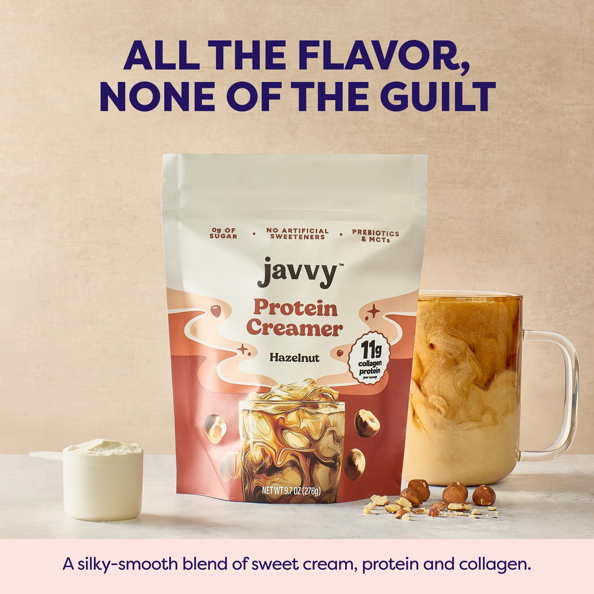 Javvy hazelnut flavor creamer for hot or iced coffee and baking.