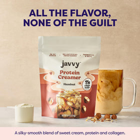 Javvy hazelnut flavor creamer for hot or iced coffee and baking.