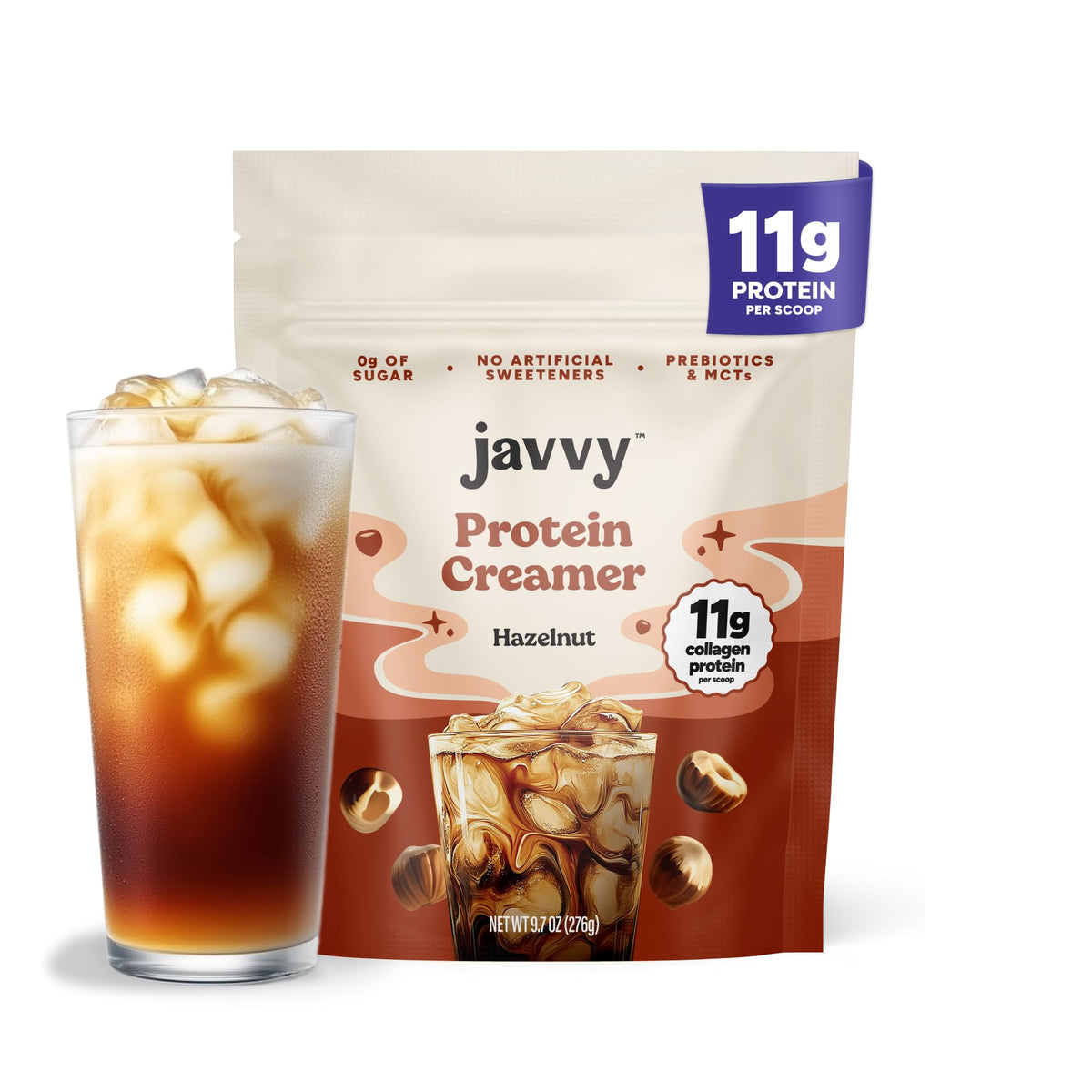 Javvy hazelnut protein coffee creamer jar for rich flavor and skin-supporting collagen.