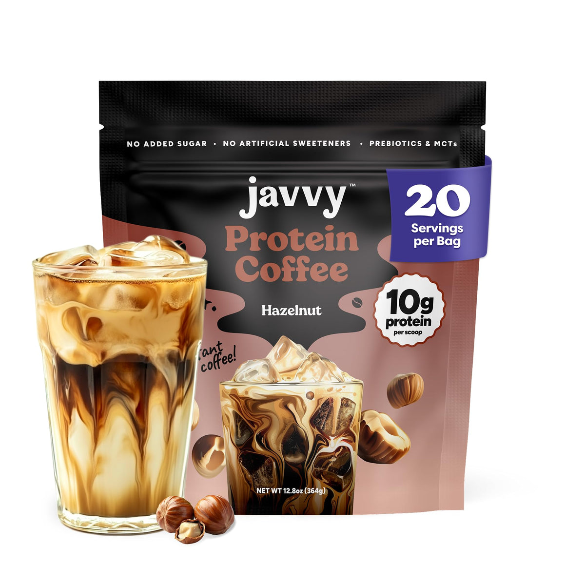Javvy Hazelnut Protein Iced Coffee can shows natural flavor and protein boost for mornings.