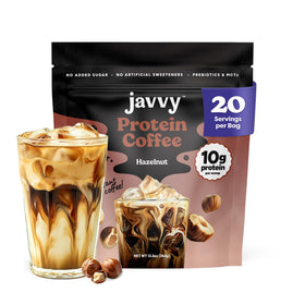 Javvy Hazelnut Protein Iced Coffee can shows natural flavor and protein boost for mornings.