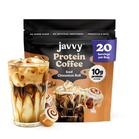 Javvy Iced Cinnamon Roll Coffee cup with protein boost for mornings