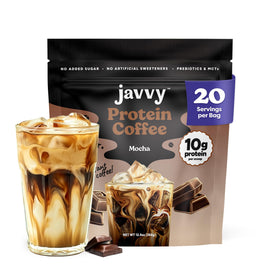 Javvy Mocha Protein Iced Coffee bottle highlights premium whey for a convenient energy lift.