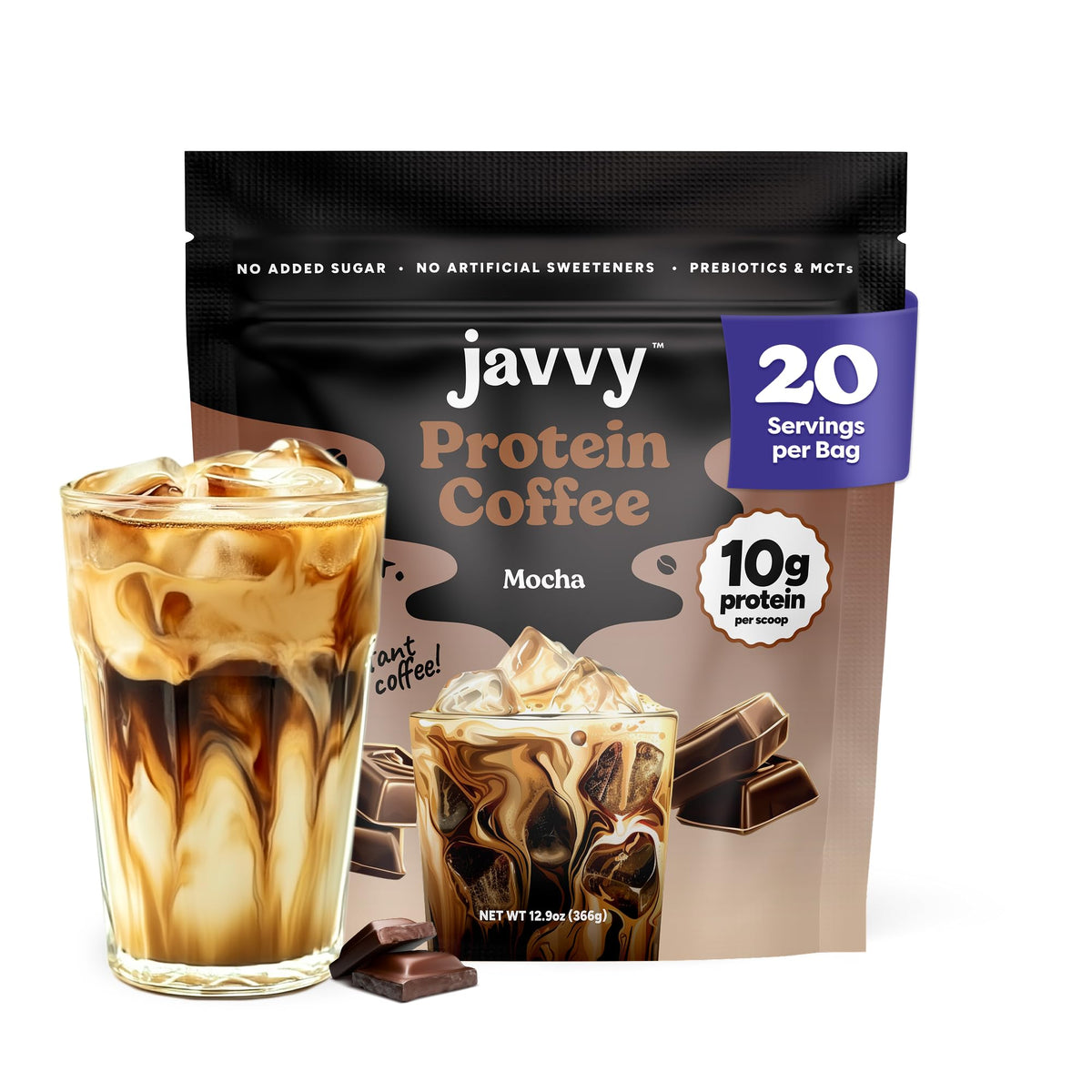 Javvy Mocha Protein Iced Coffee bottle with ready-to-drink energy boost and 80 mg caffeine.