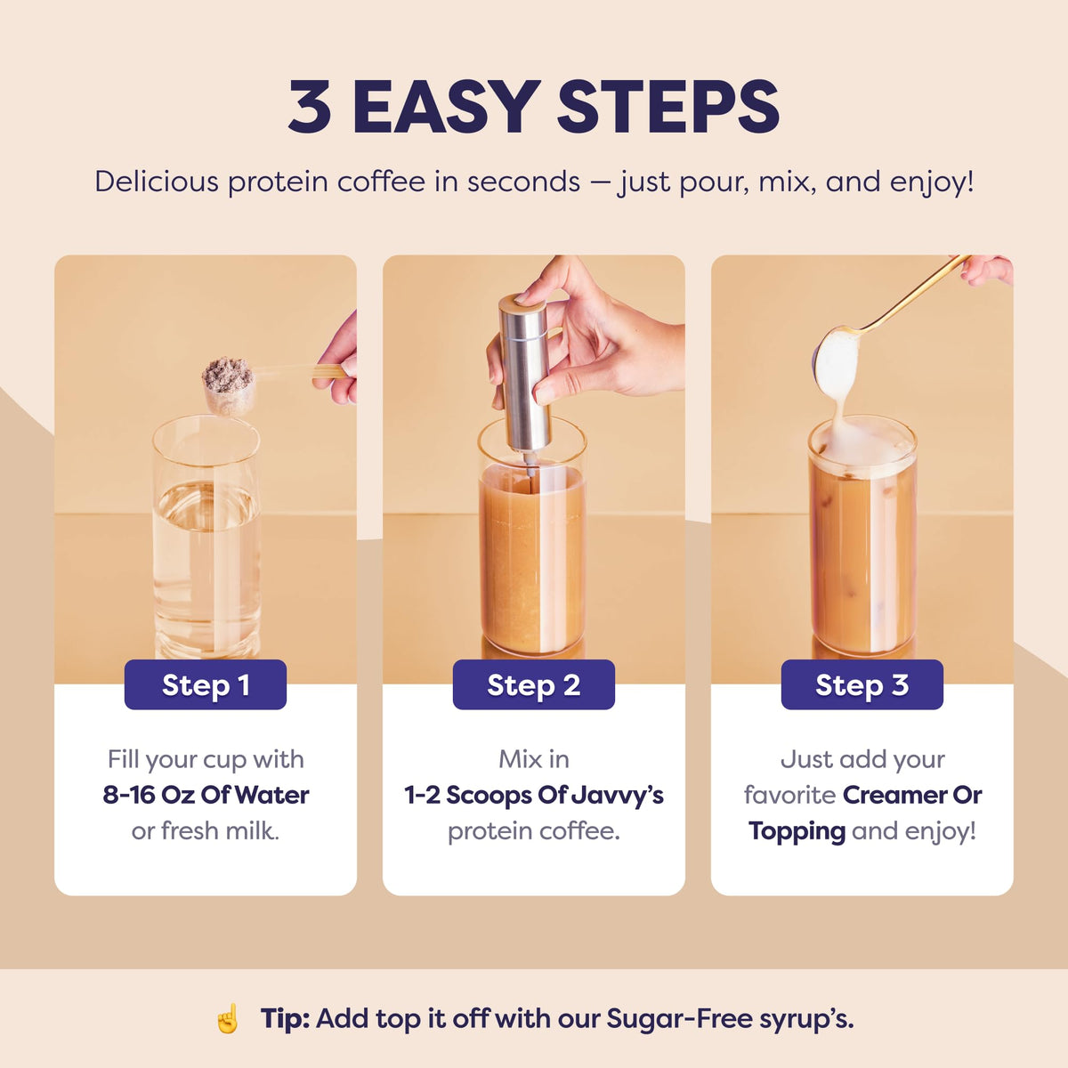 Javvy Mocha Protein Iced Coffee label detail highlighting prebiotics and goMCT.