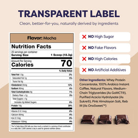 Javvy Mocha Protein Iced Coffee packaging displays 20 servings and no artificial flavors.