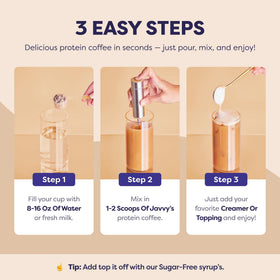 Javvy Mocha Protein Iced Coffee scoop shows convenient serving option.