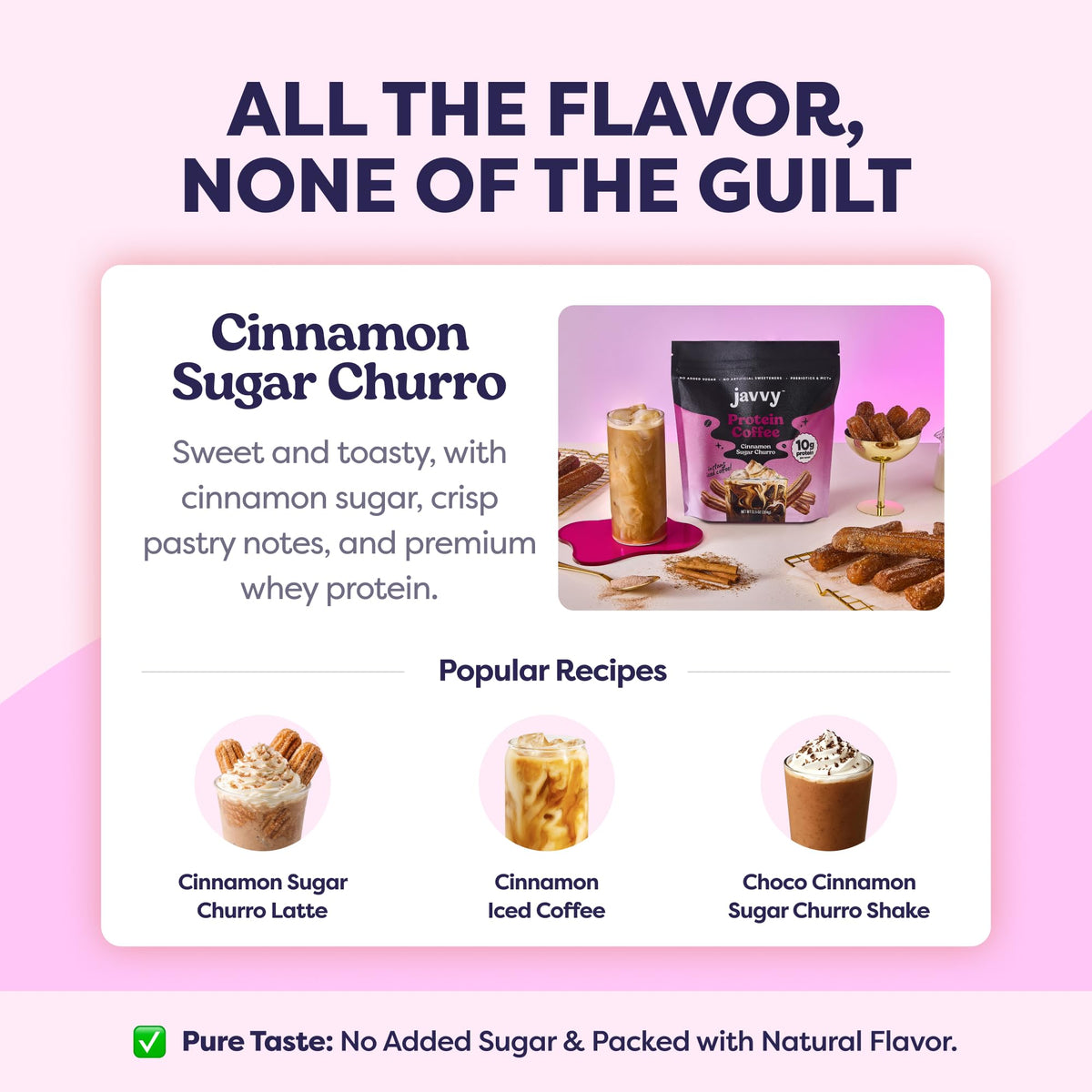 Javvy nutrition label shows no added sugar and clean ingredients.