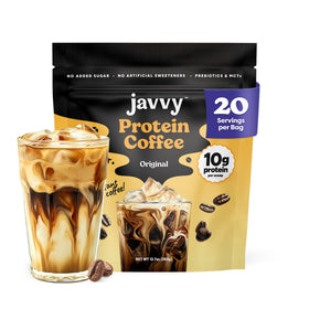 Javvy Original Protein Iced Coffee bottle showing portable energy for busy mornings