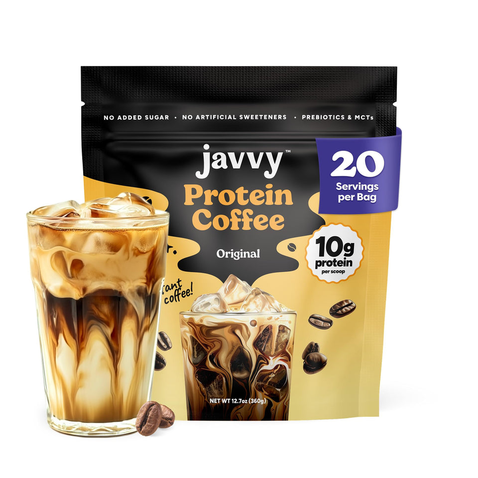 Javvy Original Protein Iced Coffee bottle showing portable energy for busy mornings
