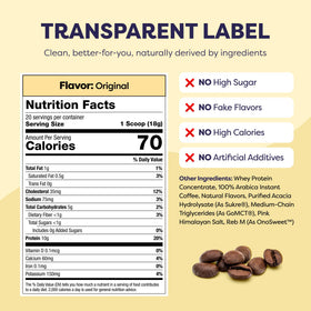 Javvy Original Protein Iced Coffee label detailing natural ingredients and nutrition