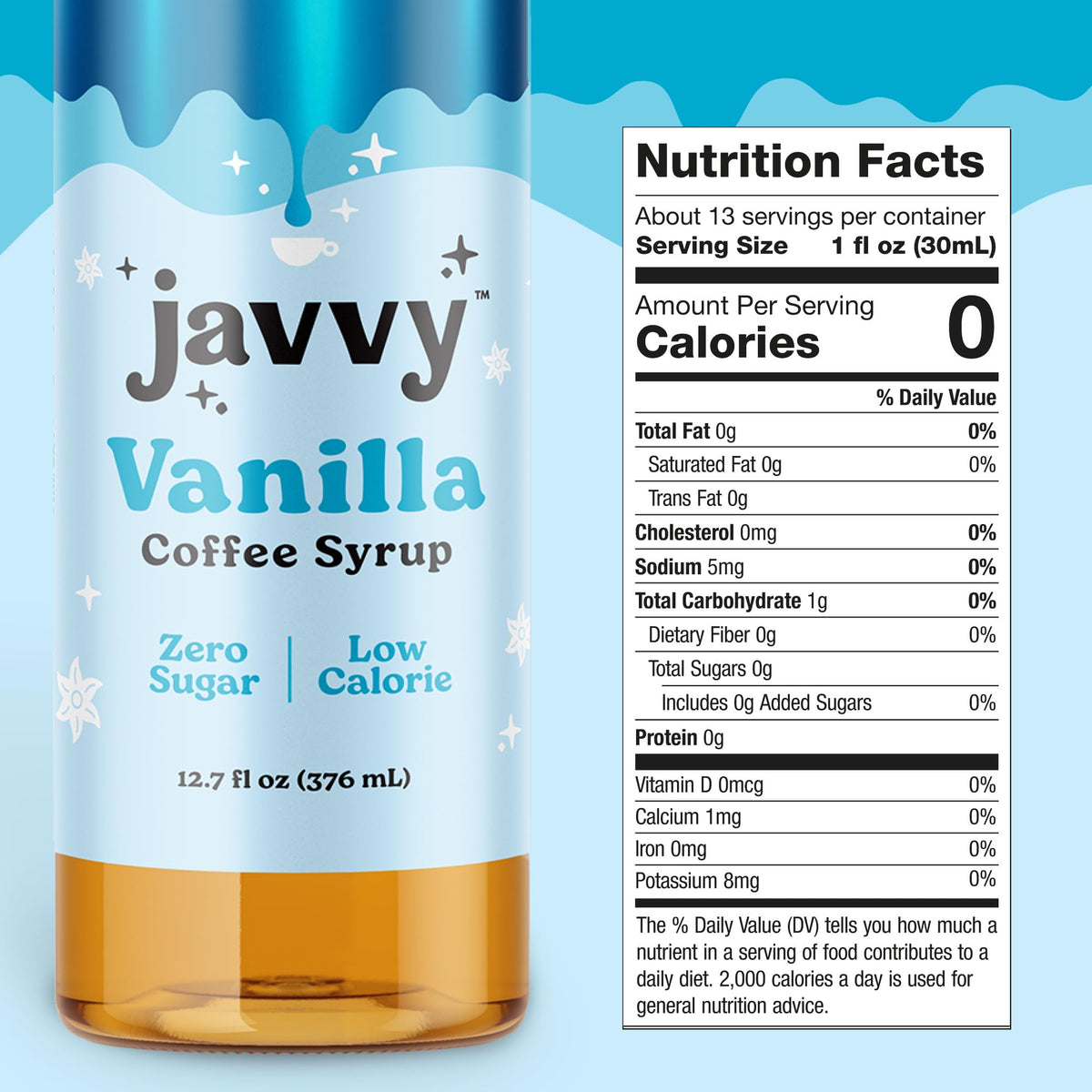 Pour-ready Javvy bottle shown beside a glass for easy flavoring.