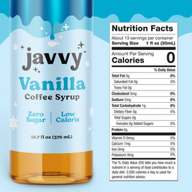 Pour-ready Javvy bottle shown beside a glass for easy flavoring.