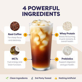 Javvy protein coffee powder pack emphasizes instant mix convenience.