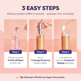 Javvy Protein Coffee scoop illustrates easy, precise protein portioning.