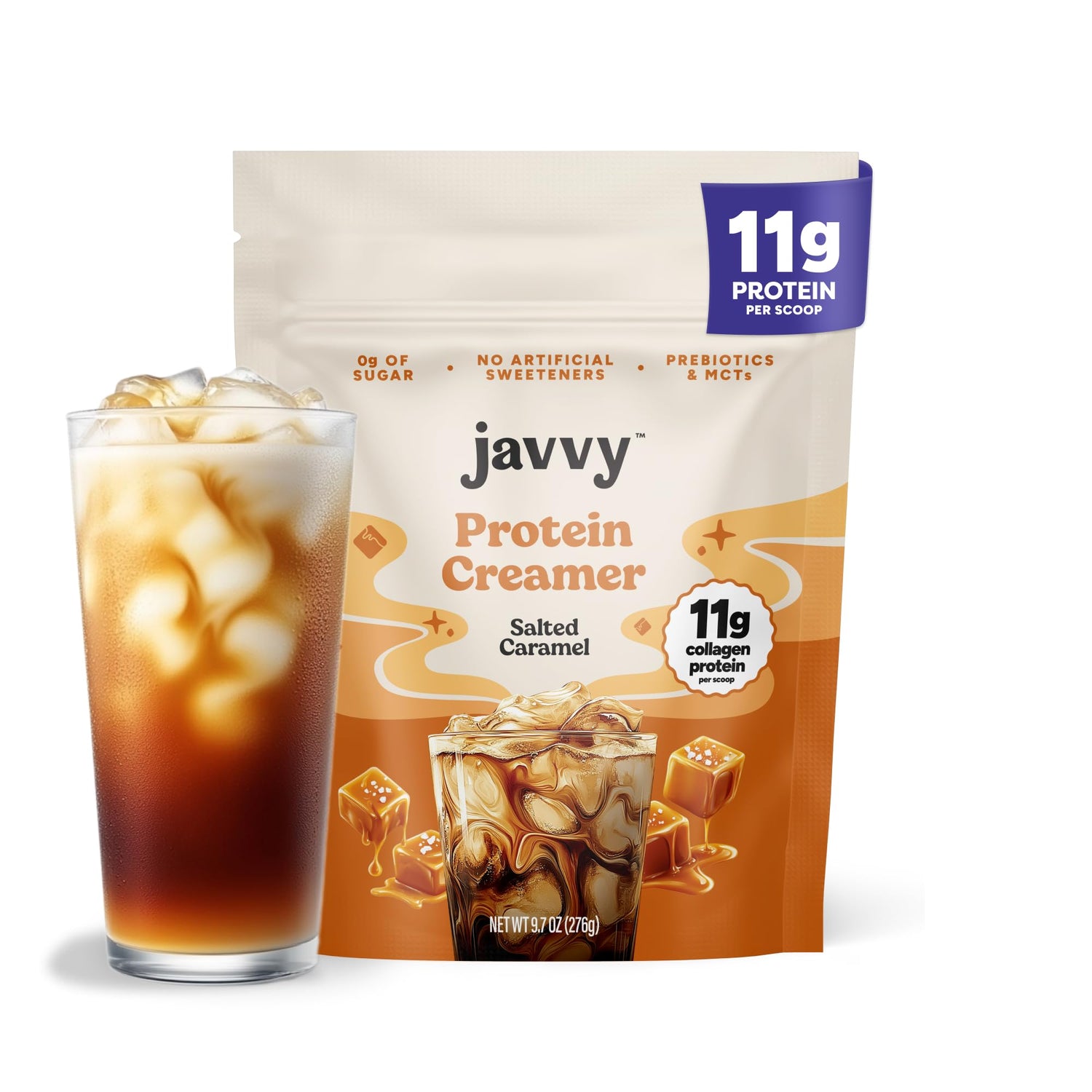 Javvy Salted Caramel Protein Coffee Creamer bottle shows grass-fed collagen benefits for hair and skin.