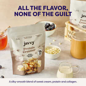 Javvy shelf-stable creamer tub closeup with creamy texture