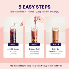 Javvy shelf-stable collagen creamer in powder form for quick mix-ins.