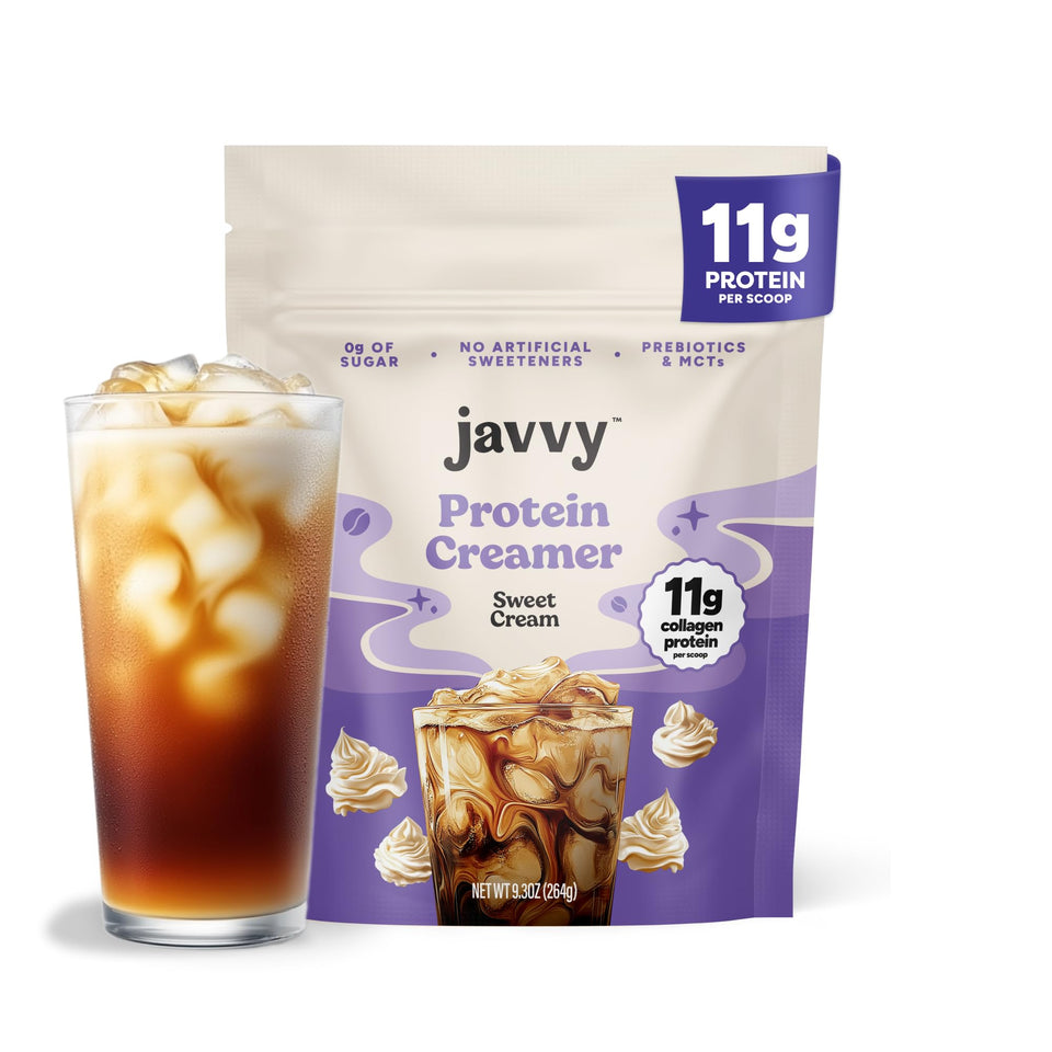Javvy Sweet Cream Coffee Creamer bottle highlighting grass-fed collagen benefits for hair and skin.
