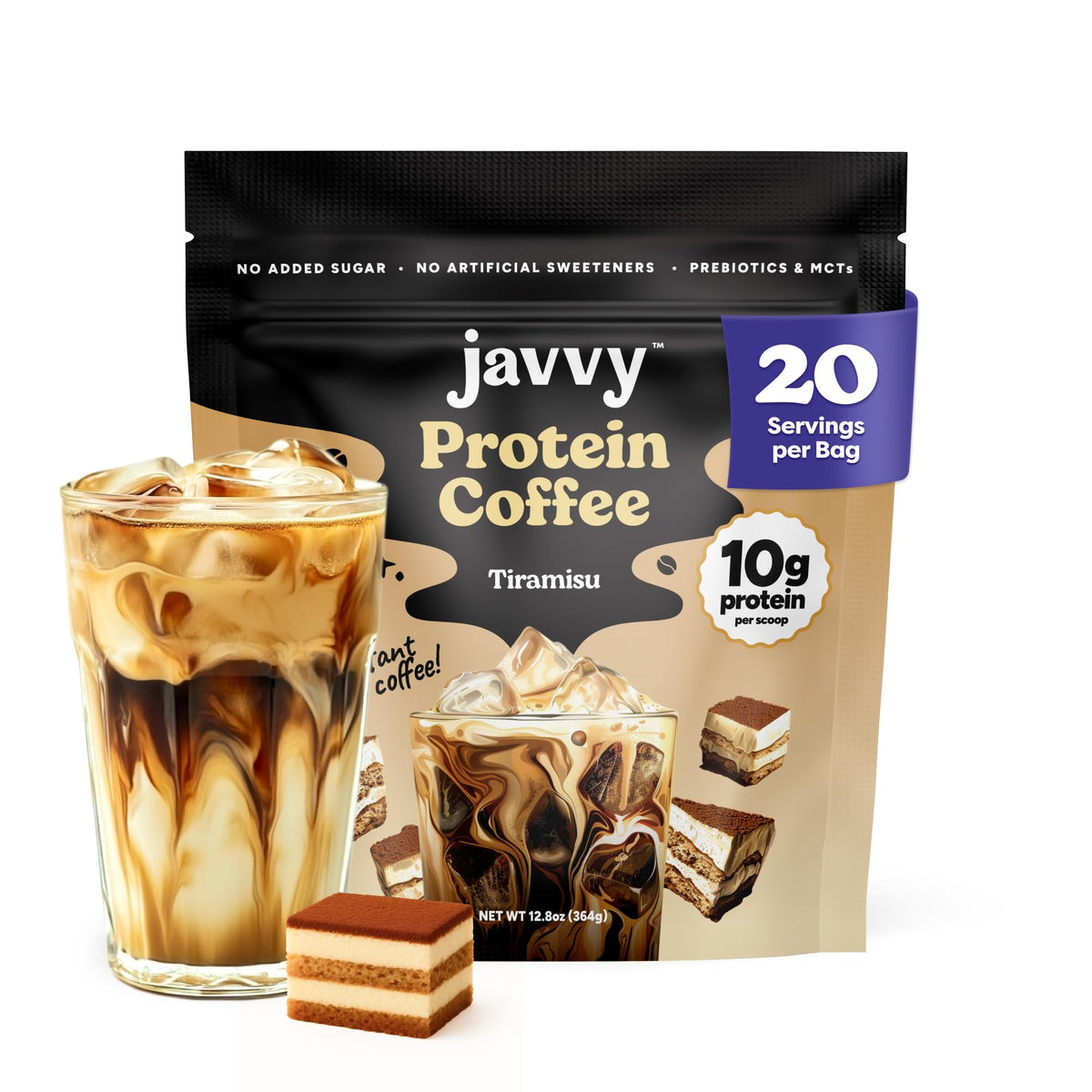 Javvy Tiramisu Protein Iced Coffee bottle showing premium cold brew and protein blend