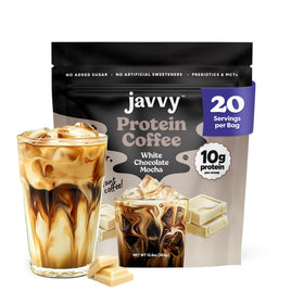 Javvy White Chocolate Mocha bottle reveals a protein-infused cold brew for quick energy.