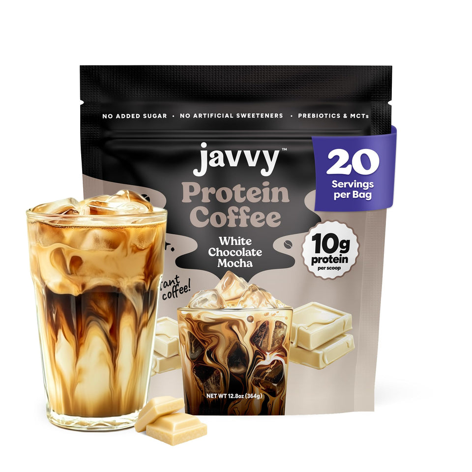 Javvy White Chocolate Mocha bottle reveals a protein-infused cold brew for quick energy.