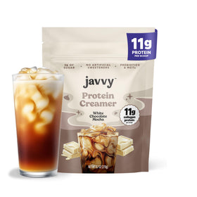 Javvy White Chocolate Mocha Coffee Creamer bottle displaying 11g collagen per serving for hair and skin