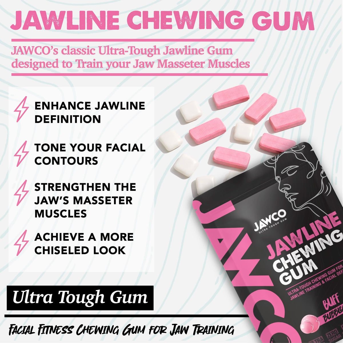Jawco flavorful chew supports a pleasant daily facial fitness routine.