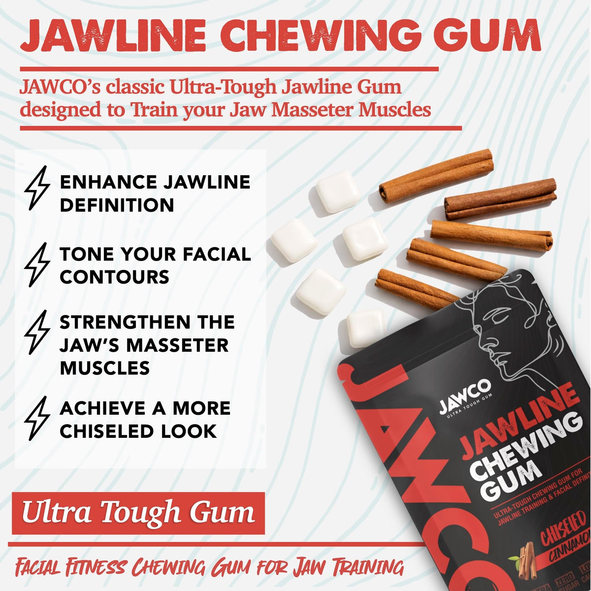 JAWCO full product shot emphasizes premium, durable gum for facial fitness.